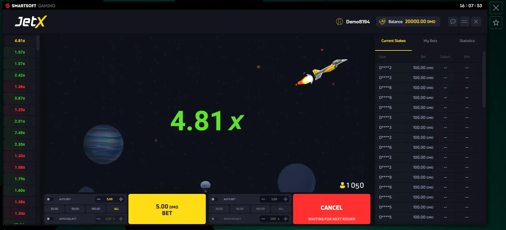 Pin Up JetX jogo crash com apostas e Cash Out