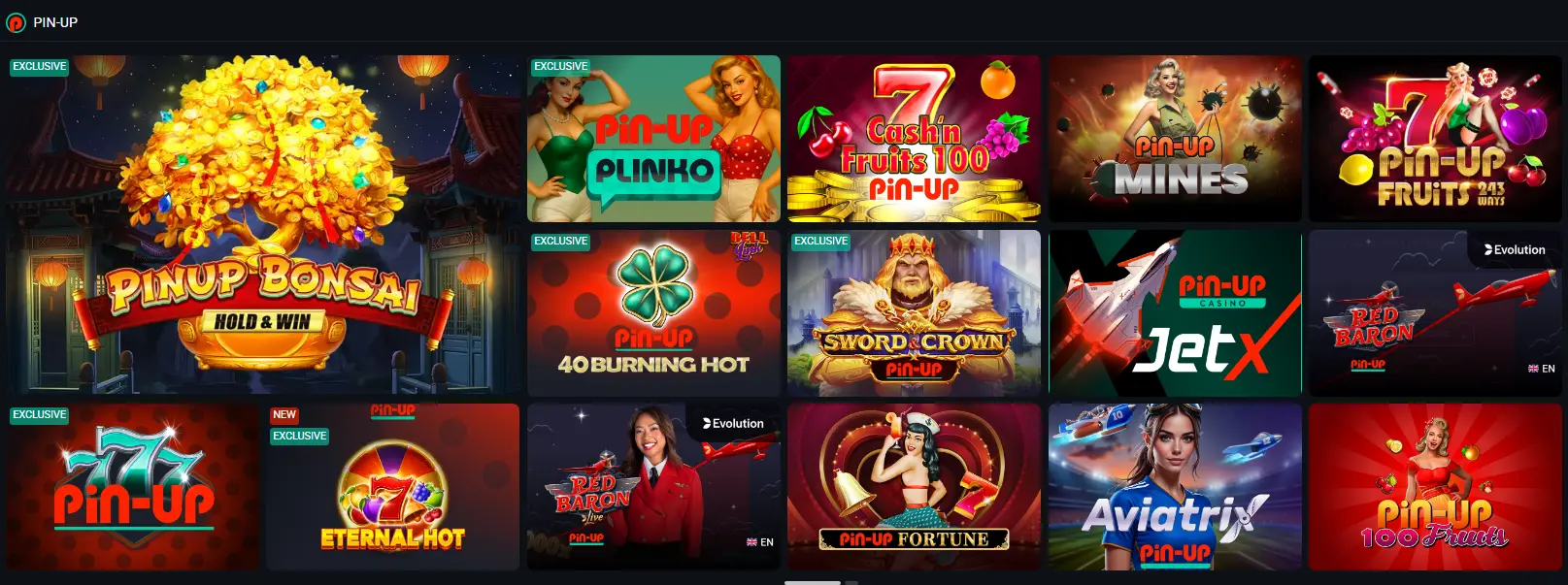 Pin Up slots online com caça-níqueis e jogos de cassino